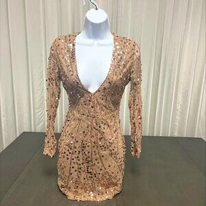 Puradress Deep V Sequin Dress in Gold